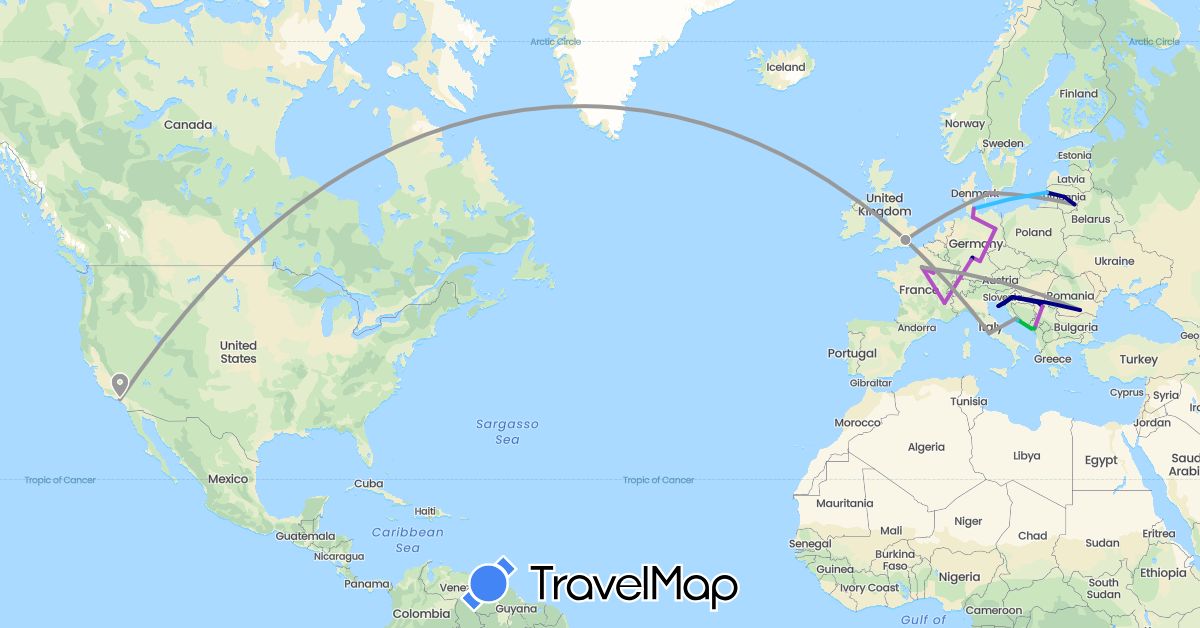 TravelMap itinerary: driving, bus, plane, train, boat in Germany, Denmark, France, United Kingdom, Croatia, Italy, Lithuania, Montenegro, Romania, Serbia, Sweden, United States (Europe, North America)